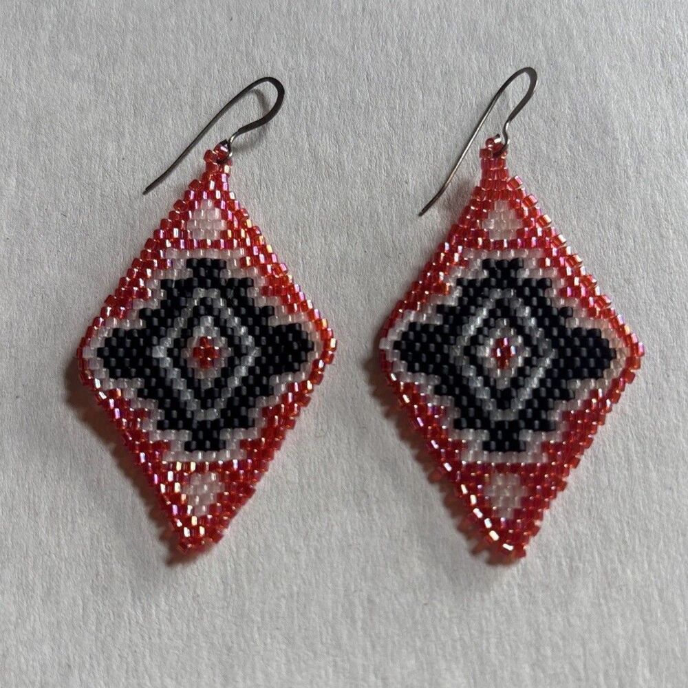 Navajo Diamond Geometric Beaded Earrings Handmade 2" Tribal Native American